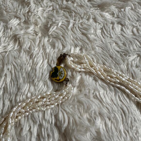 Vintage 6 Strand Freshwater Rice Irregular Pearl Necklace Cloisonne Closure - Picture 6 of 8